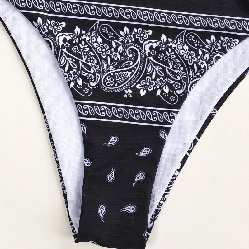 Женский бандо-бикини с принтом пейсли, с высокой талией, комплект из двух предметов, купальник с завязками на шее
