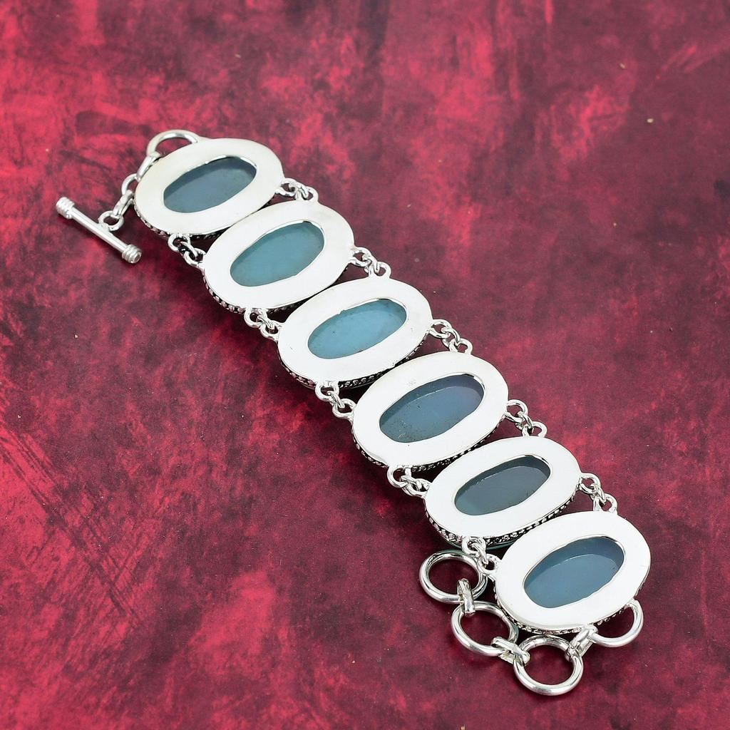 Браслет из аква-халцедона, браслет из твердого стерлингового серебра 925 пробы, ювелирные изделия из натуральных драгоценных камней, регулируемый браслет-цепочка, подарок для девушки, ювелирные изделия ручной работы