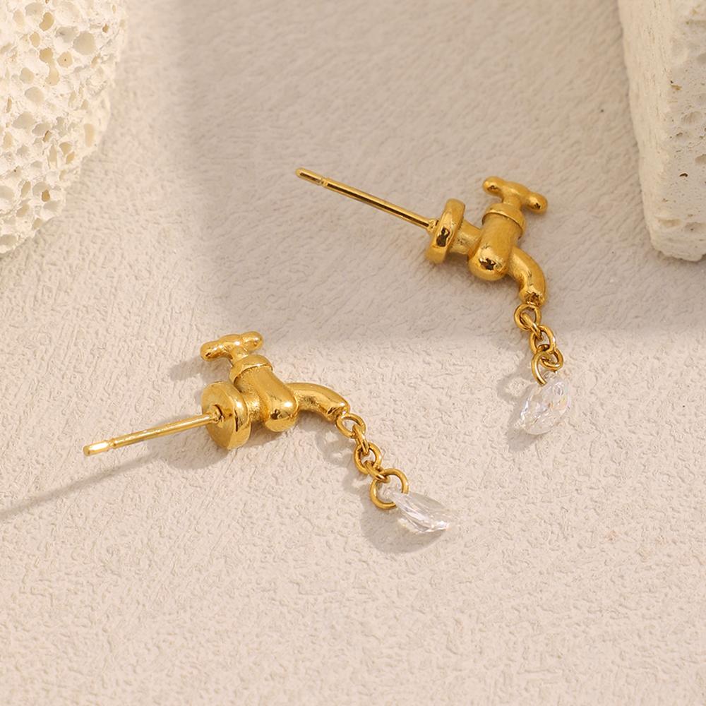 MamacitaSlay 316L Stainless Steel Unique Faucet Water Drop Zircon Earrings 18K Gold Plated Creative Waterproof Jewelry For Women