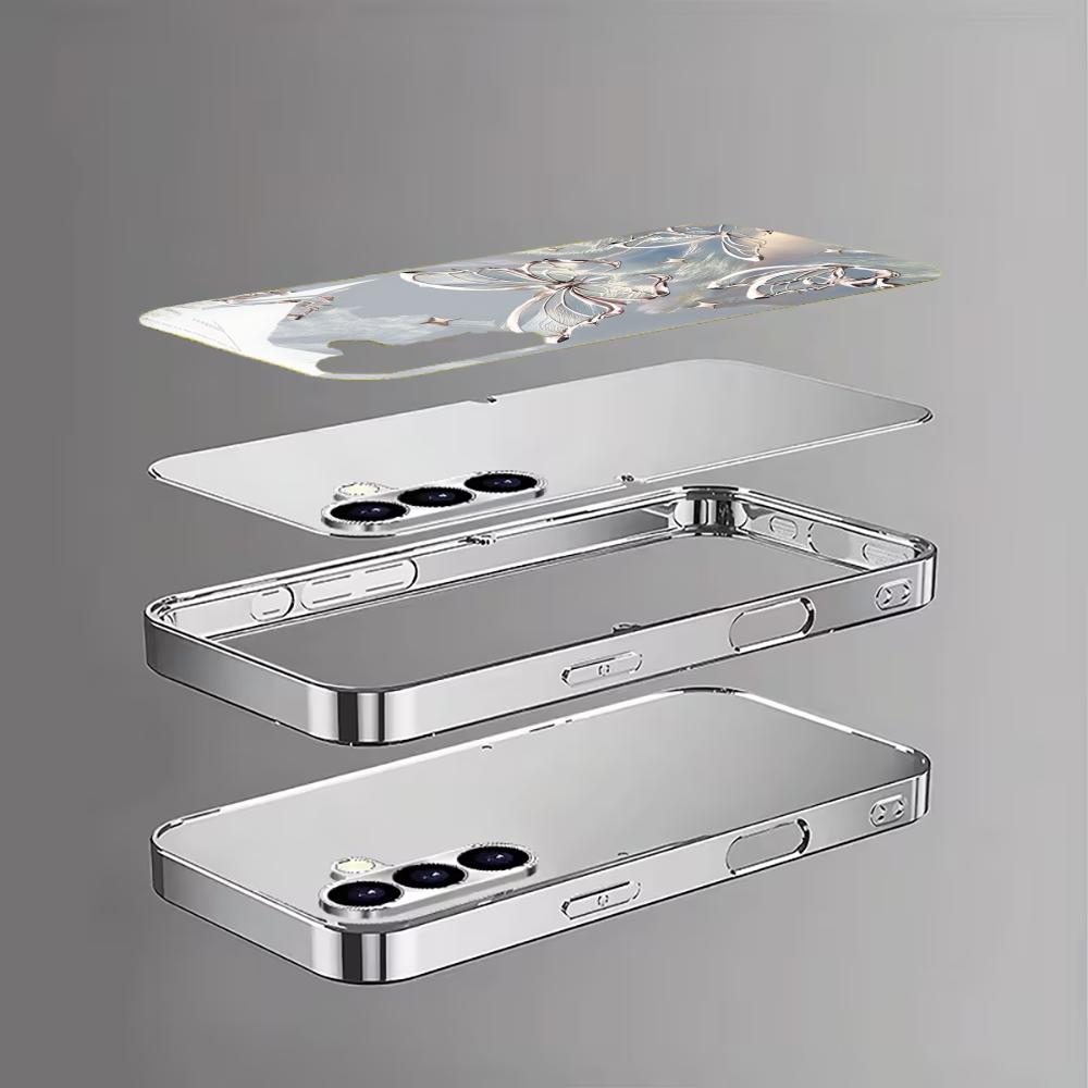 Electroplated glass silver shockproof phone case with butterfly pattern for Samsung Galaxy S26 S25 S24 S23 S22 Ultra Plus FE