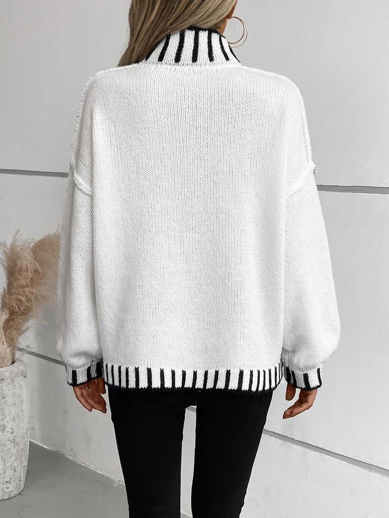 Женский свитер-пуловер с высоким воротником в стиле ретро 2024 года в стиле колор-блок — европейский и американский стиль для осени/зимы