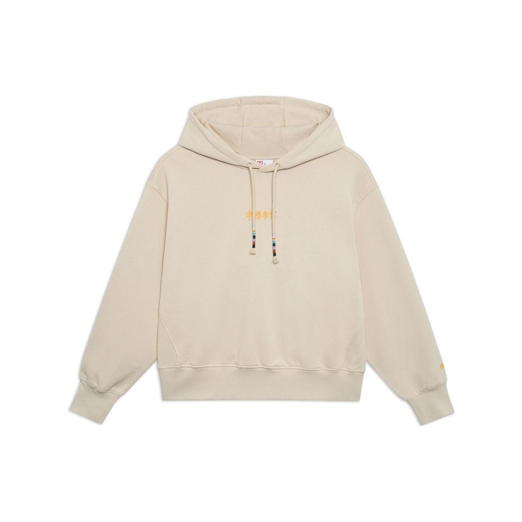 Li Ning Solid Color Logo Embroidered Loose Pullover Hoodie Women Hoodies Light-Milk-Brown AWDT264-5