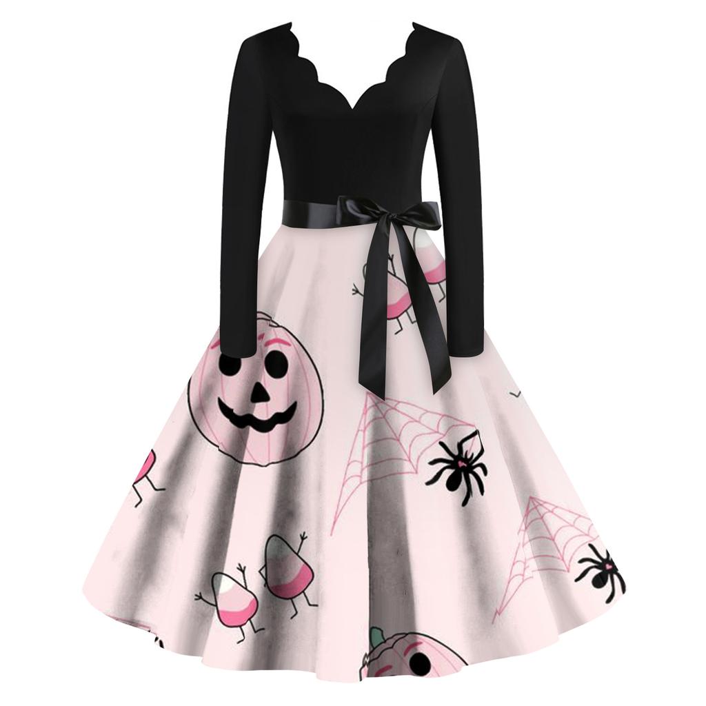 Женское винтажное классическое платье с вырезом на талии и галстуком-бабочкой с длинными рукавами на Хэллоуин с принтом и V-образным вырезом, свободное платье