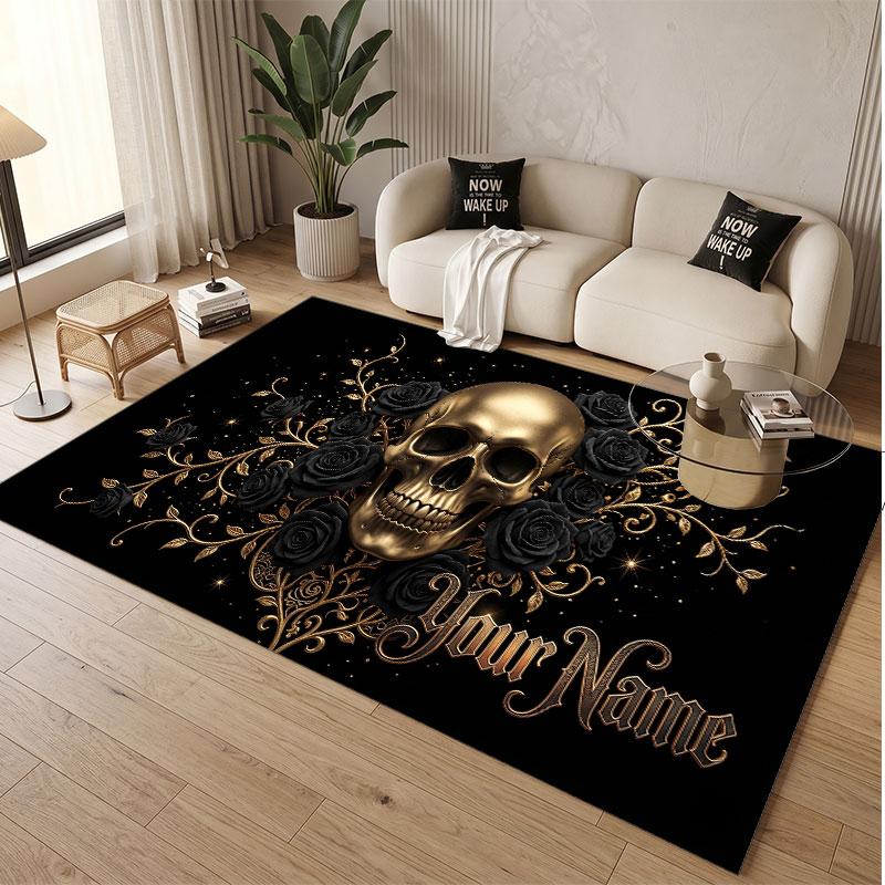 Skull Gothic Theme Soft Crystal Velvet Rug Custom Name & Text Print Non Slip Floor Rug for Bedroom Living Room
