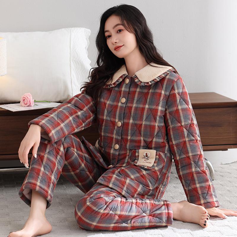 Winter pajamas women's new woven plaid clip padded jacket three-layer warm suit velvet thickened outer wear loungewear