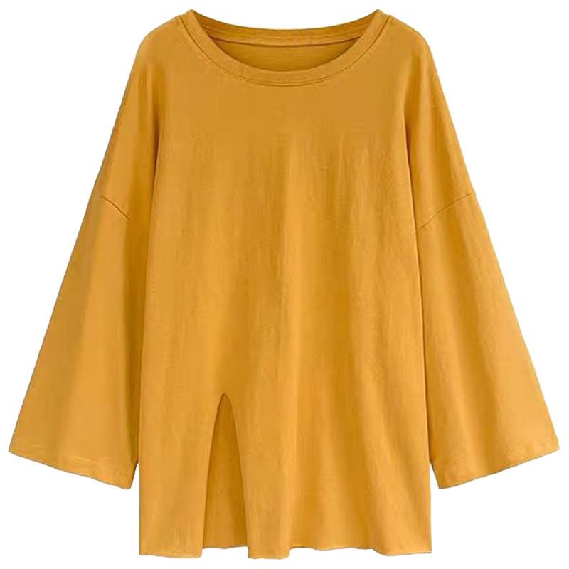 Осенние женские футболки Harajuku solid goth с длинным рукавом и круглым вырезом, с боковыми разрезами, повседневные футболки большого размера, женские желтые топы Y2k Streetwear