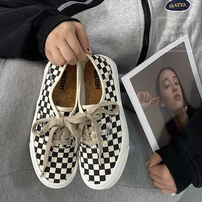 Черно-белые клетчатые туфли женские новые парусиновые туфли с круглым носком женская обувь 566