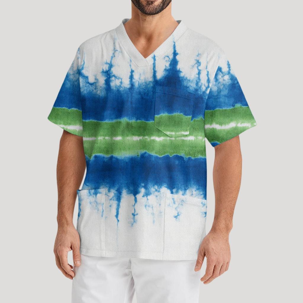 Мужская рабочая блузка с короткими рукавами и v-образным вырезом с принтом, топ с нагрудным карманом