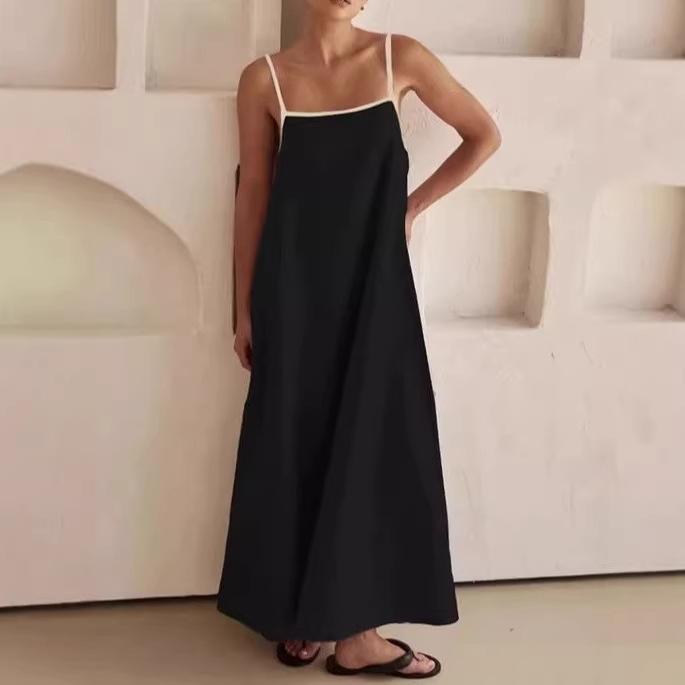 A-shaped pendulum silhouette minimalist holiday skirt, solid color loose suspender cotton and linen long dress