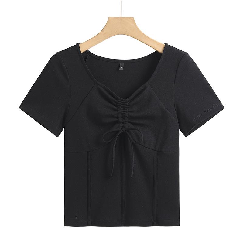 Women's Summer V-neck Drawstring Design Short-sleeved T-shirt Solid Color High Waist Small Shirt