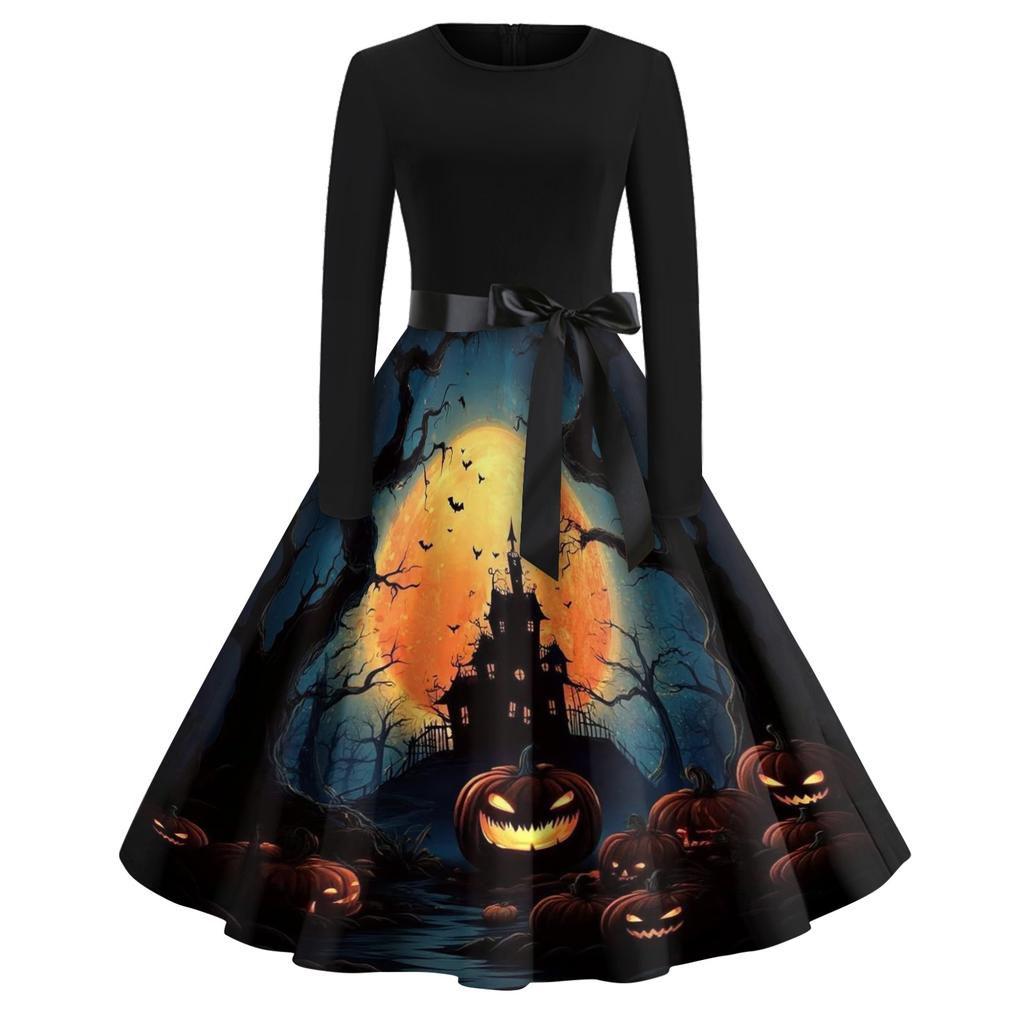 Womens Casual Vintage Halloween Print Dress Long Sleeve Round Neck Retro Fit Flared Skirt Midi Dress with Waist Tie for Autumn
