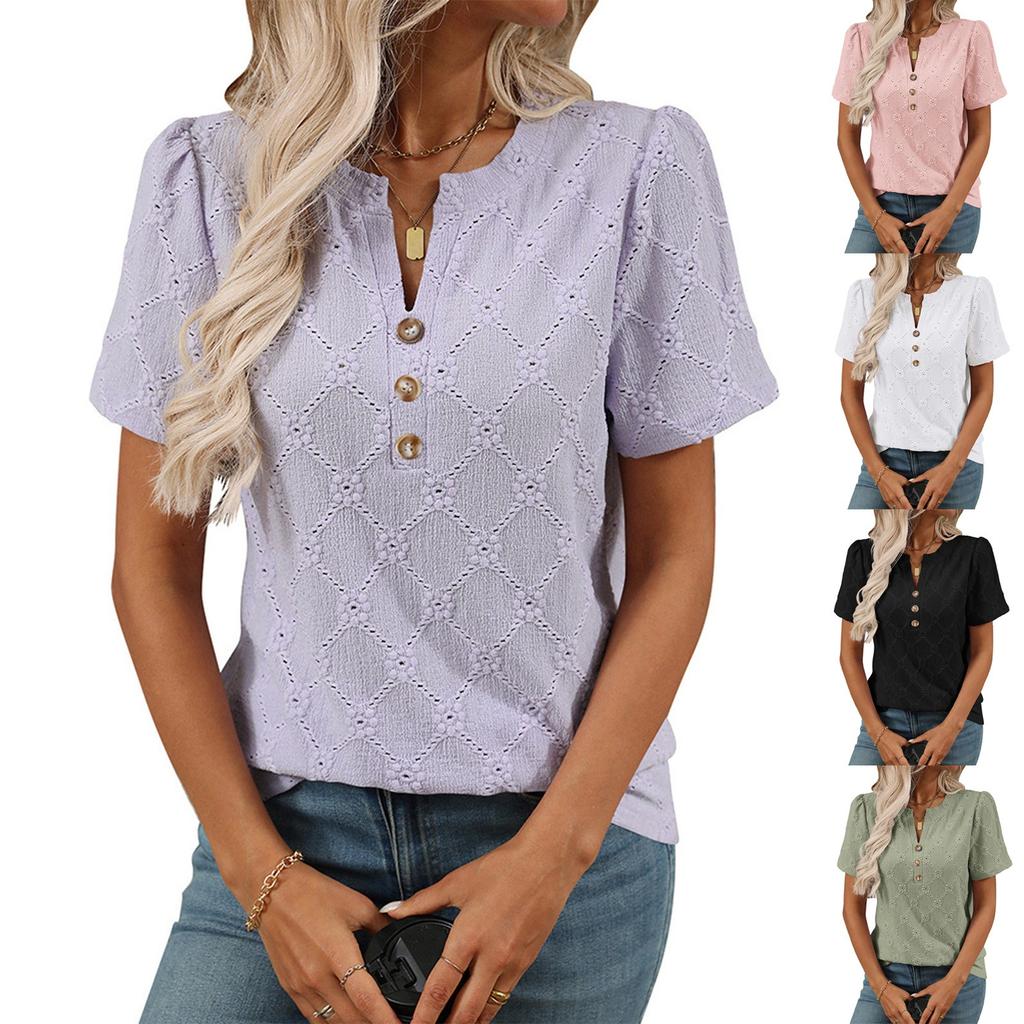 Женская модная однотонная футболка с круглым вырезом и коротким рукавом на пуговицах