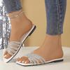 Модные блестящие сандалии-слайдеры со стразами для женщин Лето 2025 Модные летние шлепанцы на плоской подошве с квадратным носком Женские легкие пляжные шлепанцы