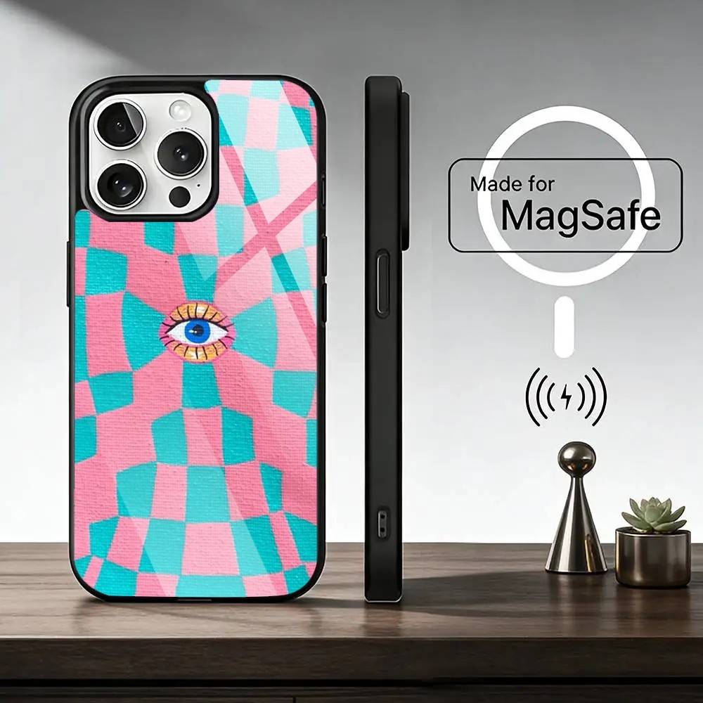 Модный Чехол для Телефона с Принтом 'Большие Глаза' и Линиями Для iPhone17,16,15,14,13,12,11 Plus,Pro Магнитный Для Magsafe Беспроводной Зарядки