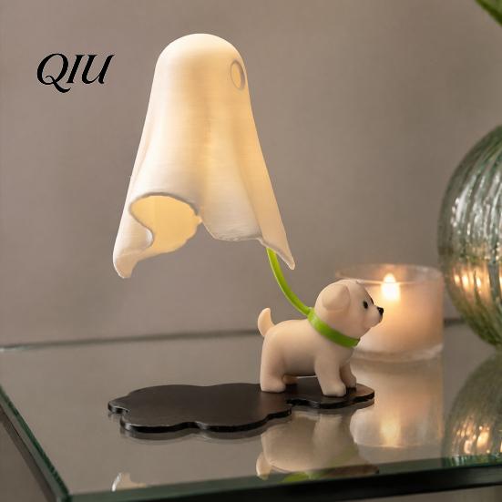 Anthropomorphic Ghost Pet Statue Walking Dog Night Light, 3D Printed LED Warm Lamp, Cute Playful Sculpture Puppy with Candle, Halloween Home