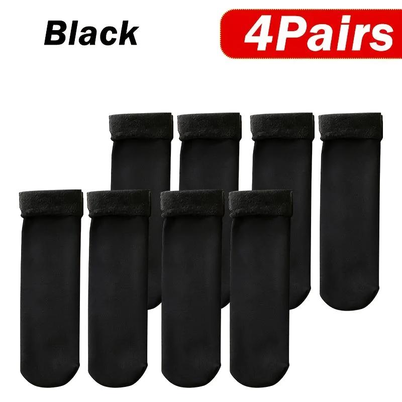 4 Pairs Thermal Insulated Knit Polyester Socks, All-Season Fleece-Lined Warm Self-Heating Solid Black, Machine Washable Mid-Tube Unisex Socks