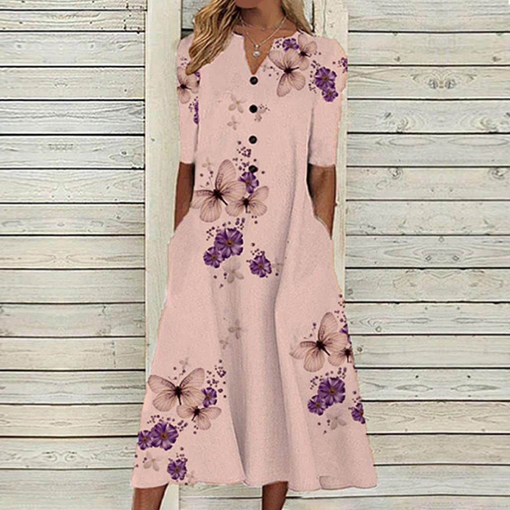 Женское платье миди с короткими рукавами и цветочным принтом бабочки, повседневное длинное пляжное платье с v-образным вырезом и карманами на пуговицах