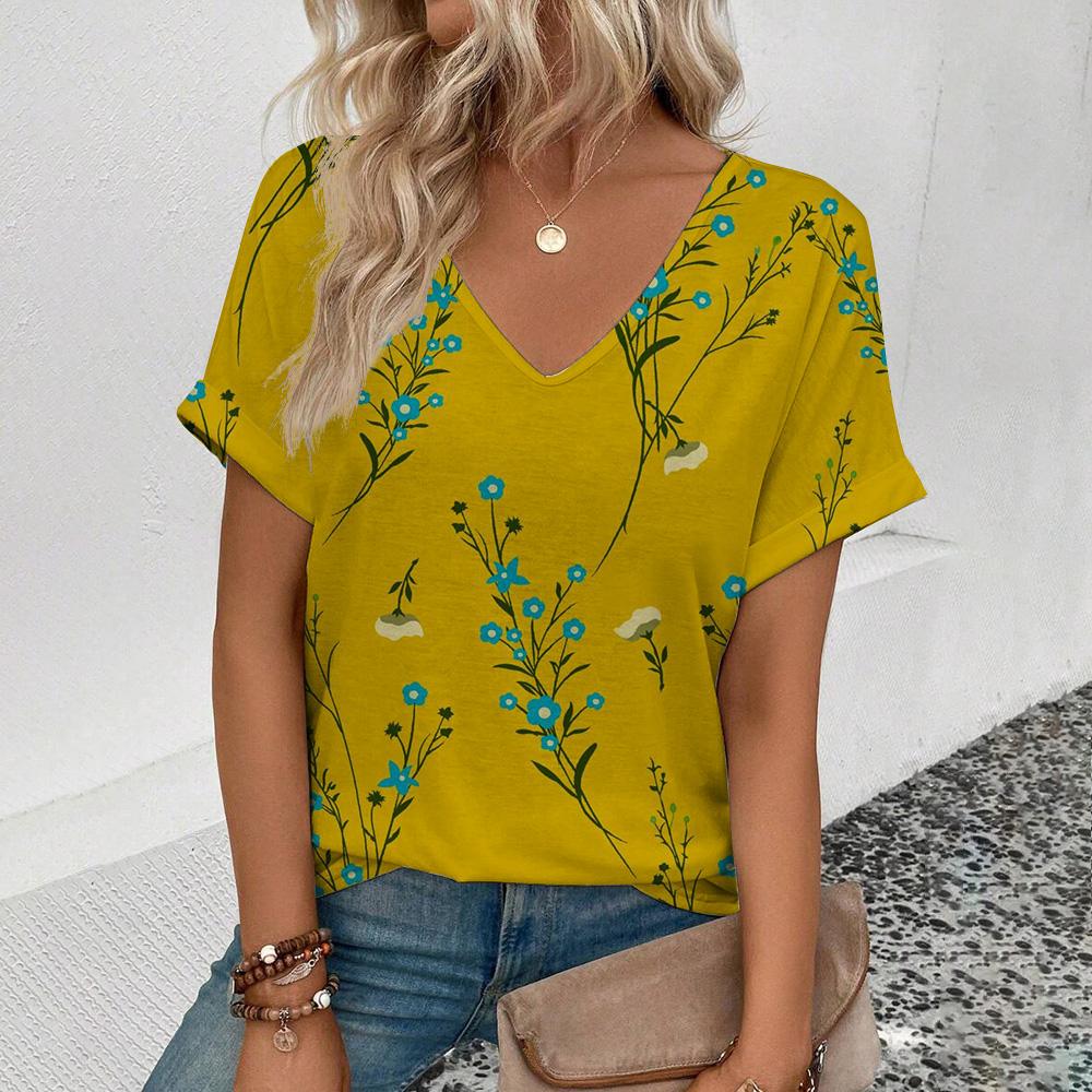 Летний повседневный топ с V-образным вырезом, элегантный и удобный, с короткими рукавами, женская модная трендовая футболка с цветочным принтом