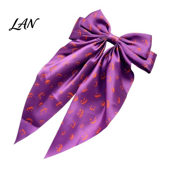 Halloween Hair Accessories Silky Satin Bows for Women, Big Ribbon Bow Clips Girls, Decorative Clip Oversized Long Tail Barrettes, Cute Ghost