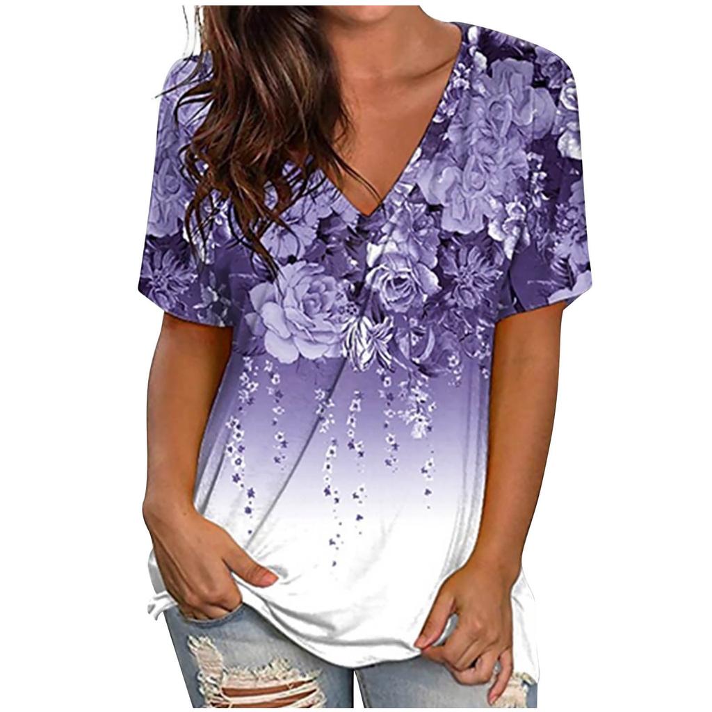 Модная женская футболка с V-образным вырезом, элегантная, модная, с коротким рукавом, летняя, с 3D-принтом, с цветочным принтом, свободные топы, несколько цветов