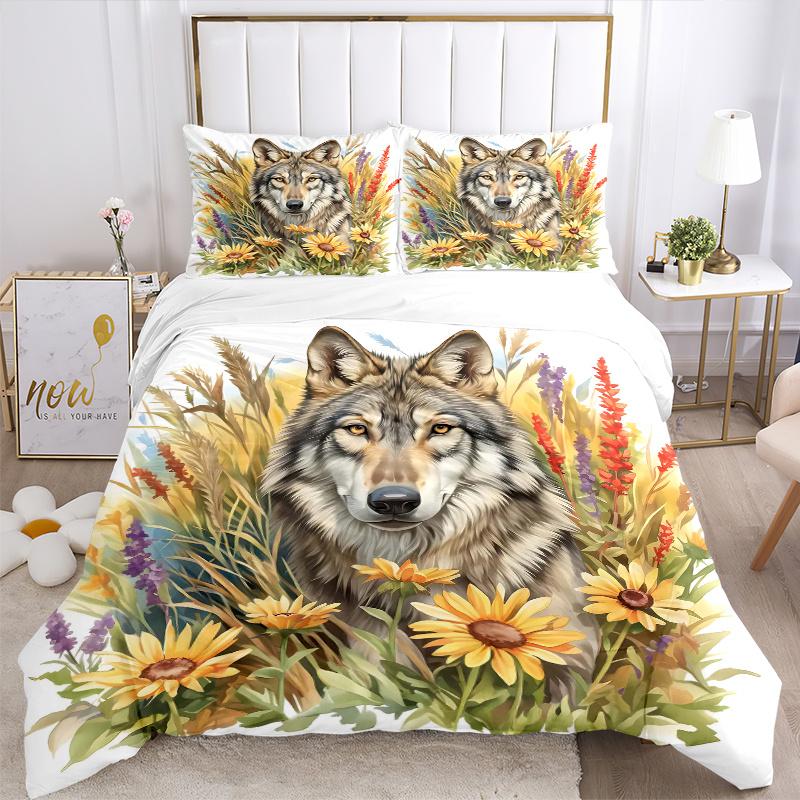 3pcs Wolf Amidst Sunflowers and Lavender Quilt Set - Soft and Comfortable Bedroom, Guest Room and Dorm Decor Bedding Set 1 Quilt Cover + 2 Pillow