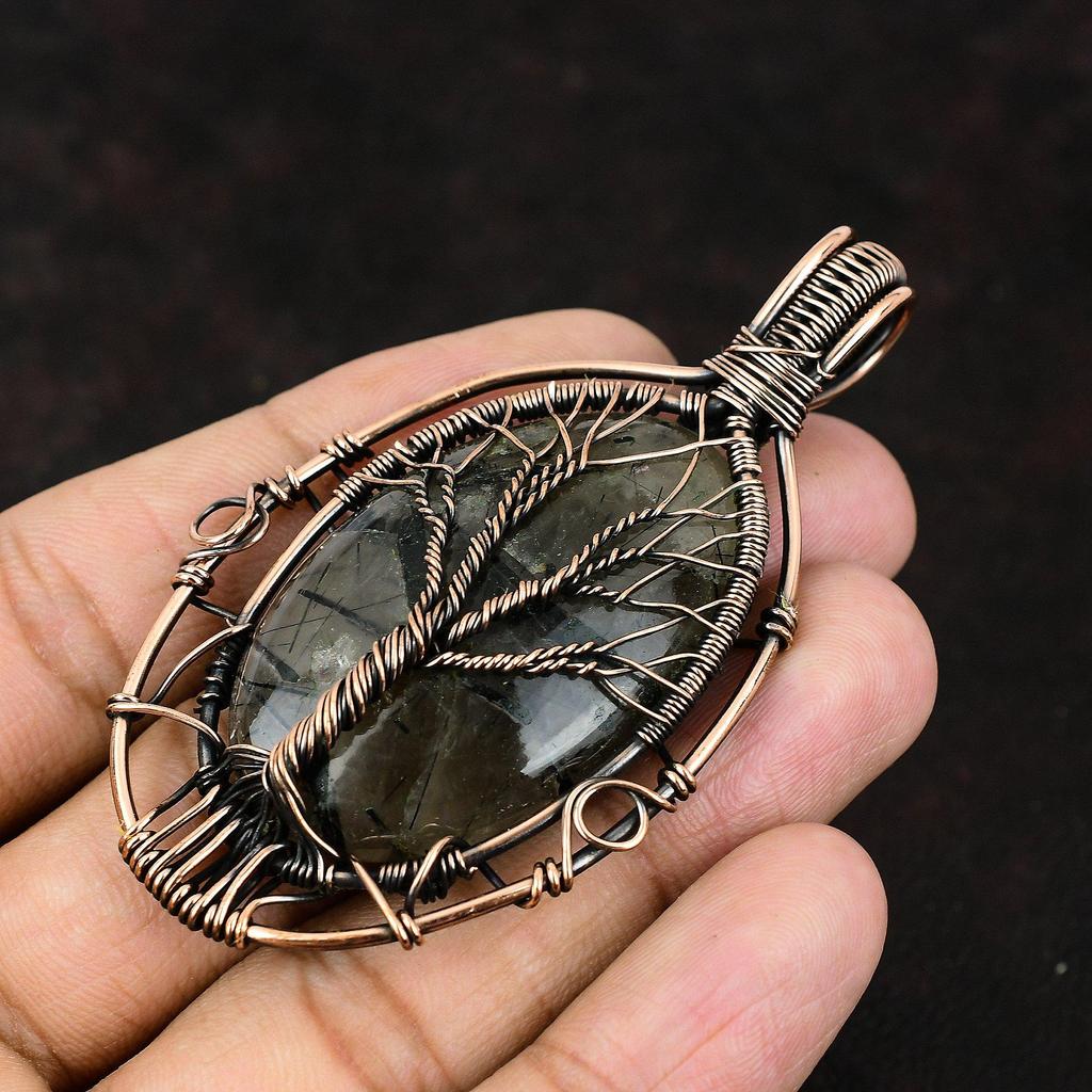 Древо Жизни Черный Рутил Медный Кулон Медная Проволока Обернутый Драгоценный Камень Кулон Медный Дизайнер Ювелирных Изделий Черный Рутиловый Кулон Подарок Для Матери