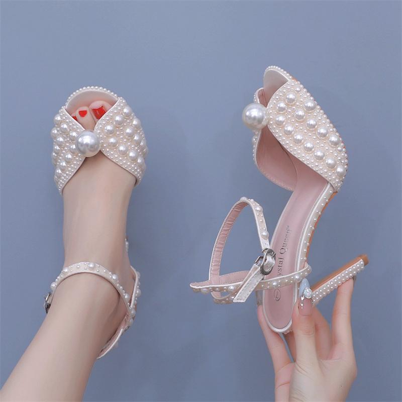 10cm Fish Mouth High Heel Sandals White Pearl High Heel Women's Sandals Banquet Wedding Dress Bridal Shoes Women