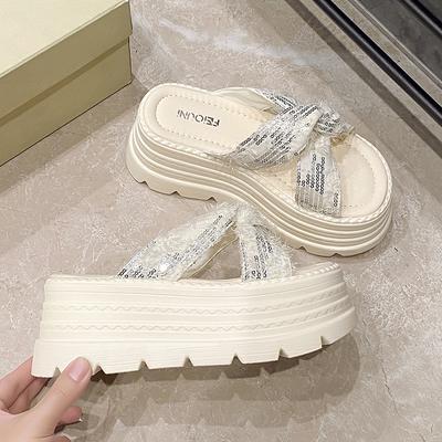 Модные НОВЫЕ Повседневные шлепанцы на танкетке 8 см для женщин Летние Нескользящие Платформенные сандалии Женские С открытым носком Удобные Женские Массивные Пляжные шлепанцы