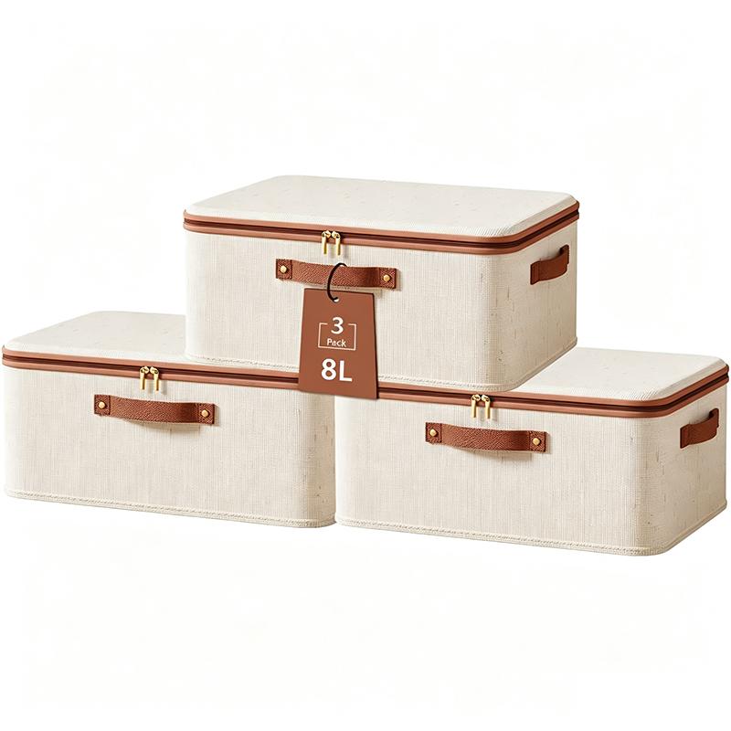 Foldable Linen Storage Box Double Zippers Faux Leather Handles Lid Beige Woven For Under Bed Clothes Laundry Moving Space Saving