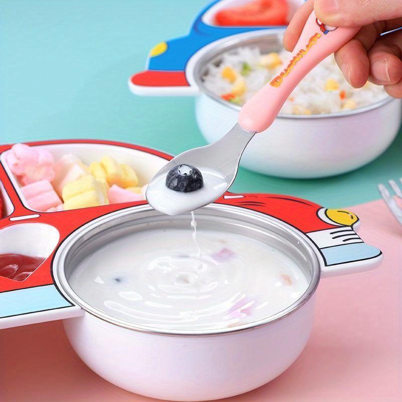 Детский набор посуды из нержавеющей стали с мультяшной машинкой и крышкой - прочная, устойчивая к падениям посуда для использования на улице и дома - включает 1 разделенную тарелку, 2 миски