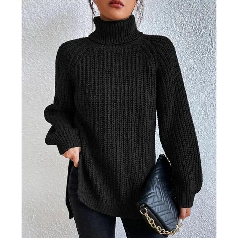 2024 Осень Зима Мягкий Трикотаж Модный Реглан Длинный Рукав Водолазка Раздельный Свитер Повседневный Теплый Однотонный Пуловер Средней Длины 29572