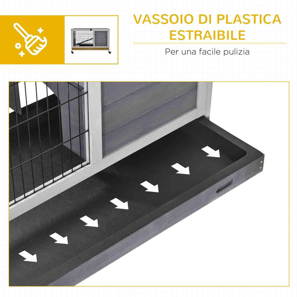 Wooden Rabbit Hutch with 4 Wheels, Rabbit House and Ramp, 90x53x59cm, Grey