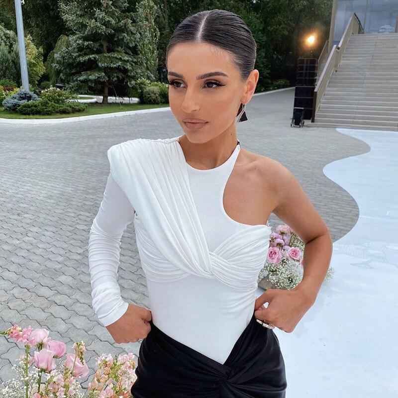 Необычные топы на одно плечо с длинными рукавами, сексуальные боди с открытой спиной, женские тонкие боди с высокой талией, Клубная вечеринка, уличная одежда 19493