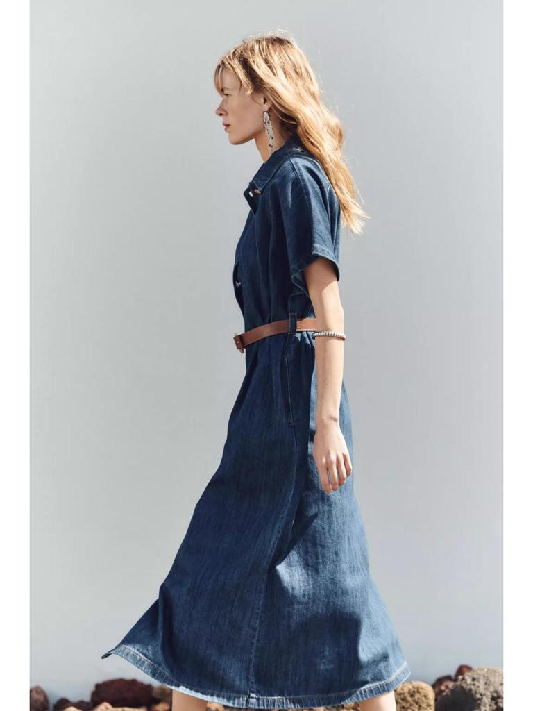 2025 Cotton French Retro Slimming Denim Shirt Dress – High-End Waist-Cinching Long Dress for Women, Autumn Collection