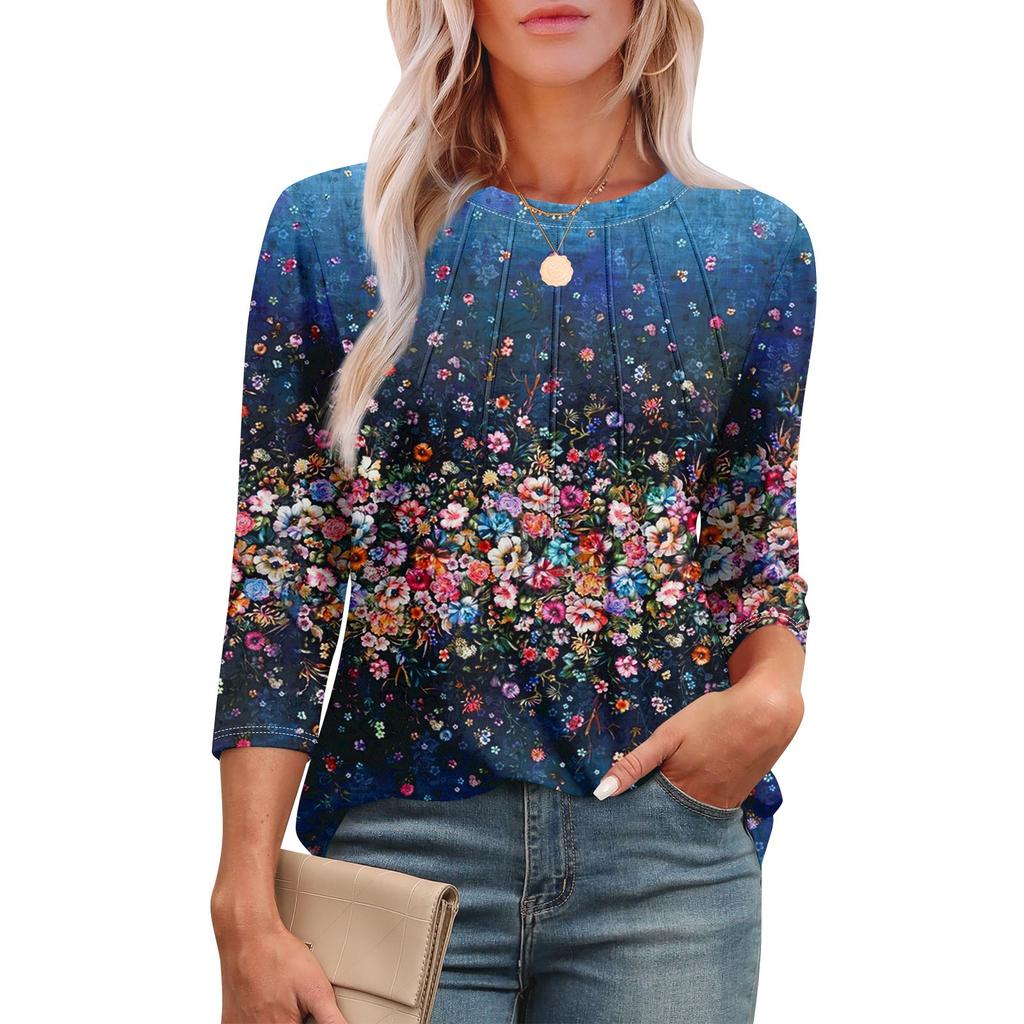 Women's Fashionable Round Neck 3/4 Sleeve Printed Casual Basic Pleated Pullover T-shirt Top