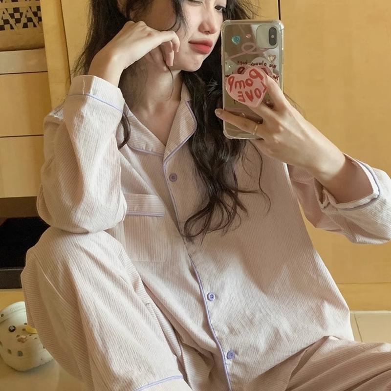 Женская пижама осень-весна с длинным рукавом, мягкий комплект для сна, полосатая пижама с рисунком, женский домашний комплект для сна, кардиган