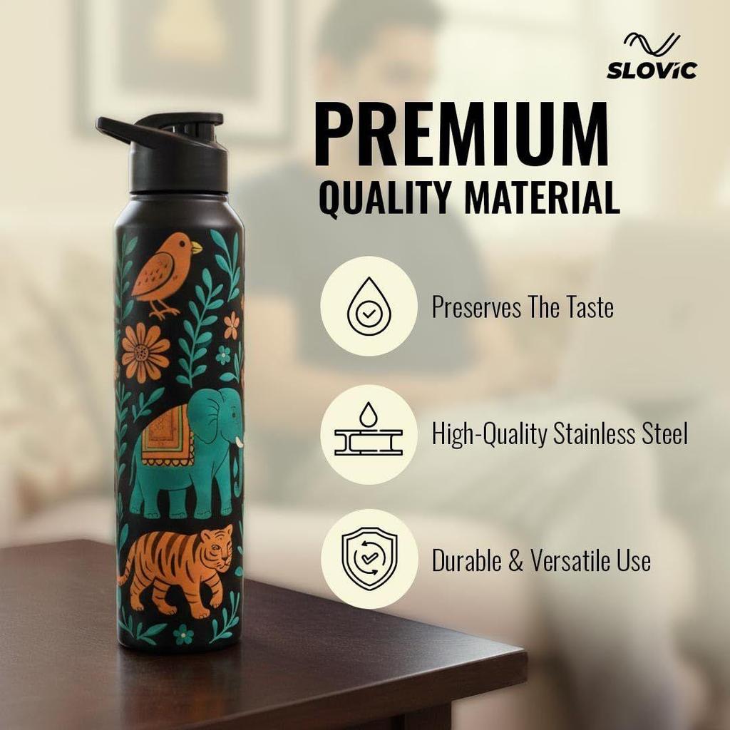 Steel Water Bottle 1 Ltr | Incredible India Design Fridge Water Bottle | 100% BPA Free & leak-Proof | Sipper Water Bottles for Adults
