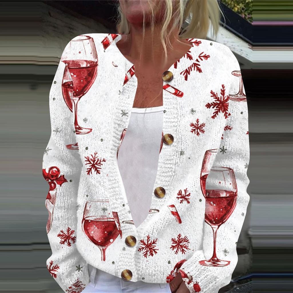 Women's Fashion Christmas Printed Long Sleeve Knitted Cardigan Button Down Jacket