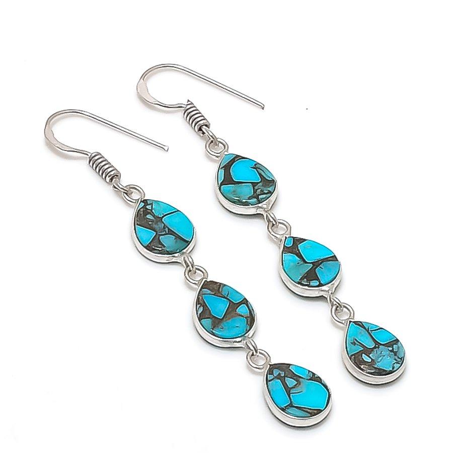 Copper Blue Turquoise Gemstone 925 Sterling Silver Jewelry Earring 2.40" KJ-969