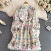 Women Print Embroidery Flower Hollow Out Chic Boho Beach Dress V-neck Puff Sleeve Mini Short Holiday Seaside Dresses