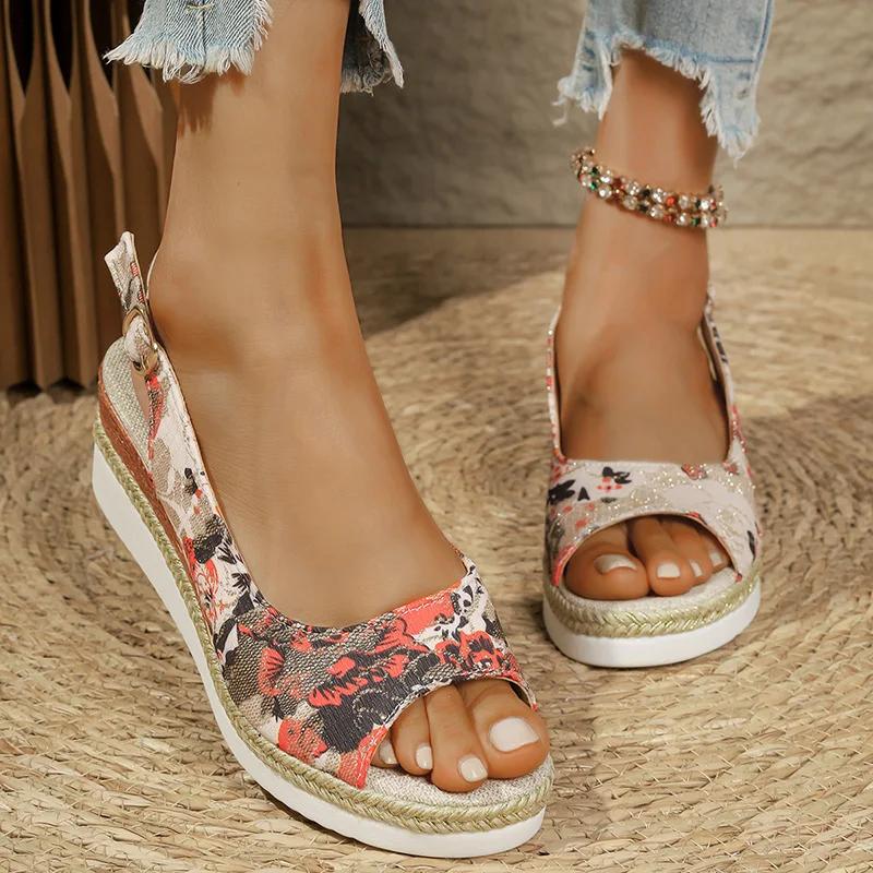 Fashion Retro Mix Color Print Sandals for Women Fashion Back Strap Peep Toe Sandal Woman Anti-Slip Weightlight Wedge Sandalias Mujer
