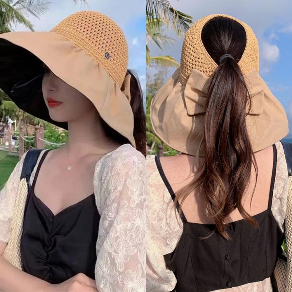 UV Protection Woven Empty Top Cap Sunscreen Vinyl Sun Hats Casual Wide Brim Bucket Hat Seaside