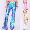 Women Bell-bottomed Pants Shiny Metallic Solid Color Elastic Waist Ladies Female Stage Performance Flared Trousers Vintage Disco Party Costume