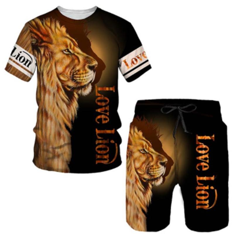 Летняя мужская футболка с 3D принтом и шорты, комплект свирепого льва, мужская спортивная одежда, спортивный костюм с круглым вырезом и коротким рукавом, классная мужская одежда