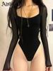 AltGoth Сексуальная уличная одежда Черное боди Женское эстетическое темное готическое комбинезон с сетчатыми рукавами и квадратным воротником Harajuku Grunge Indie Одежда