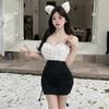 Low-cut Semi-sheer Fur Patchwork Spaghetti Strap Bodycon Dress, 2026 Niche Style