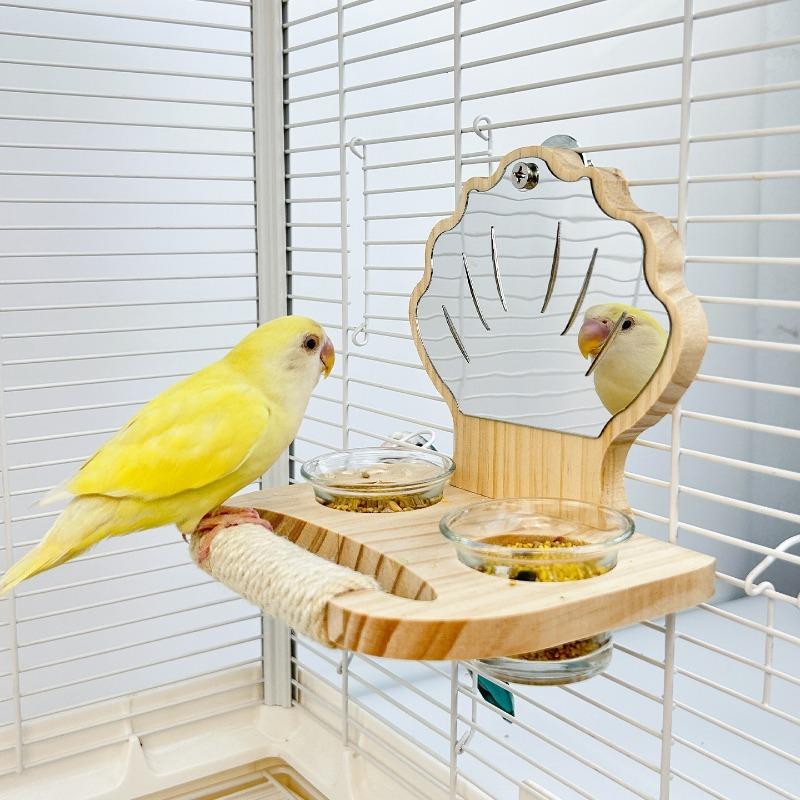 Wooden Parrot Perch Stand with Shell Mirror Feeding Bowls and Rope Bird Cage Accessory for Budgies Lovebirds and Parakeets