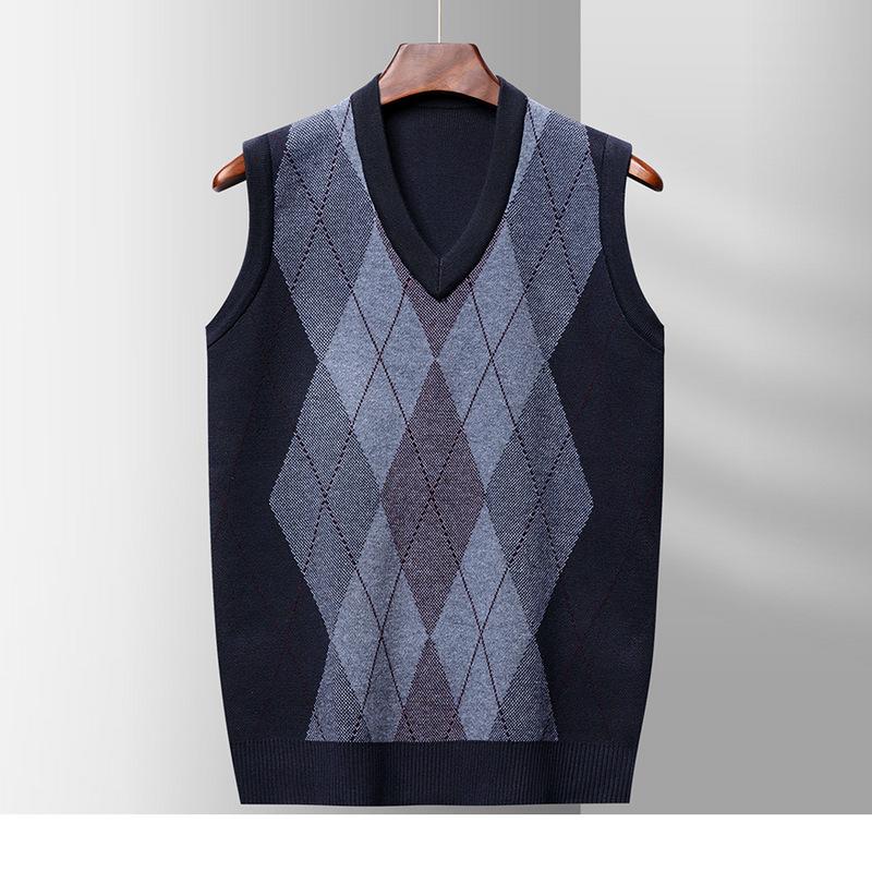 Vest Autumn and Winter New Men's V-neck Sleeveless Knitted Vest Sweater Diamond-shaped Middle-aged and Old-aged Leisure Sweater