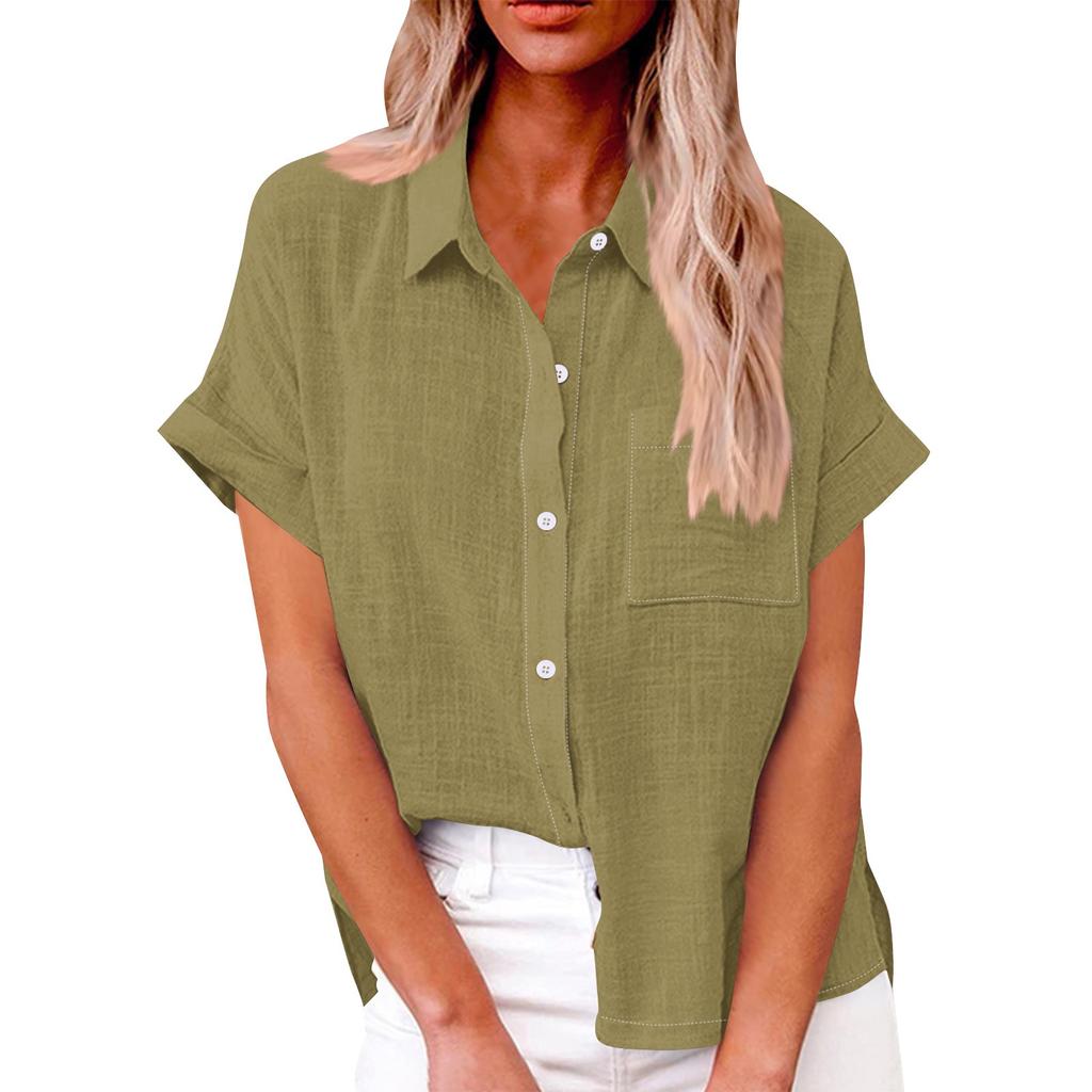Women's Loose Casual Short Sleeve Lapel Button With Pocket Solid Colour Shirt Top