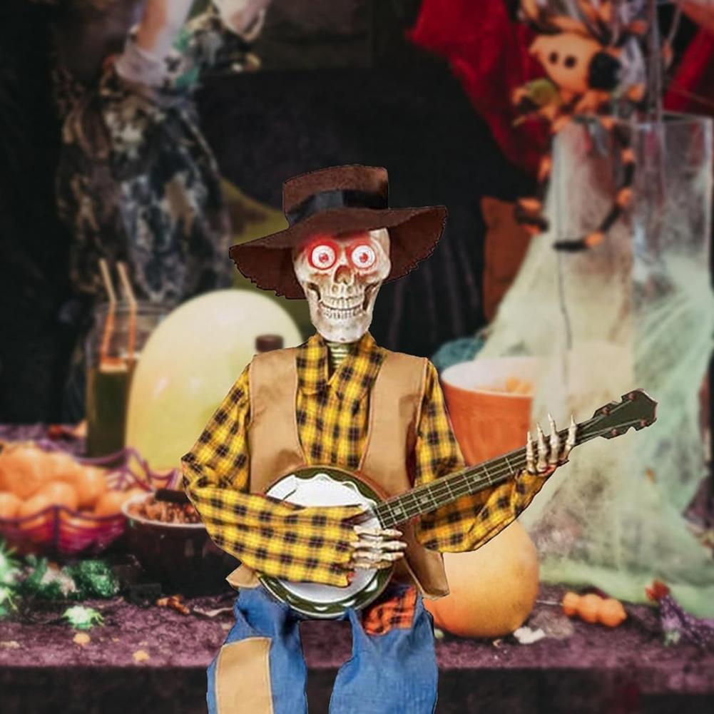 Halloween Animated Banjo Skeletons Fall Country Skeleton Musician Playing Banjo Figurine for Thanksgiving Autumn Harvest Decor
